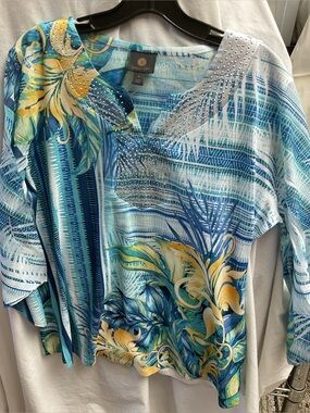 JM Collection Blue, Teal & Yellow Tropical V-Neck Top with Rhinestones